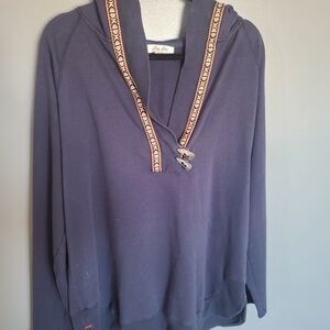 Navy Hooded Sweatshirt with Embroidered Trim